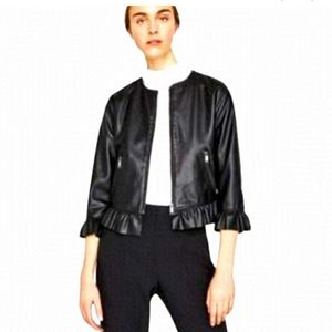 Zara Sz M Black Leather Peplum Chic Jacket